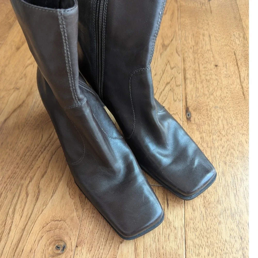 Vtg 90s Ankle Boots Brown Leather Square Toe Block Heel 7M Classic Versatile